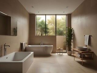 Fototapeta premium Beige bathroom interior with tub
