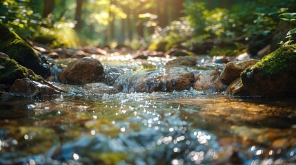 serene scene of a waterfall and stream flowing through lush greenery, rocks, and moss in a tranquil forest park