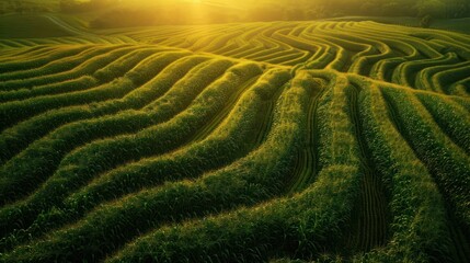  meticulously organized cornfield, showcasing geometric patterns and vibrant green hues, bathed in the golden glow of the setting sun. 