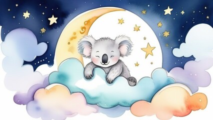 Fototapeta premium Cute sleeping watercolor illustration with panda in the sky with moon, clouds and stars in pastel blue colors for children's room, notebook cover, poster, card