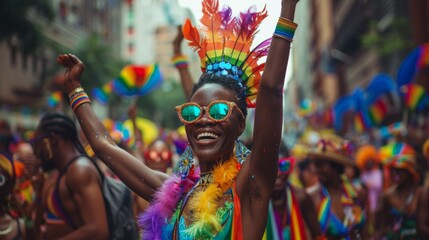 Pride Parade, A real photo capturing the vibrant colors and joyful spirit of LGBTQ pride parades,...