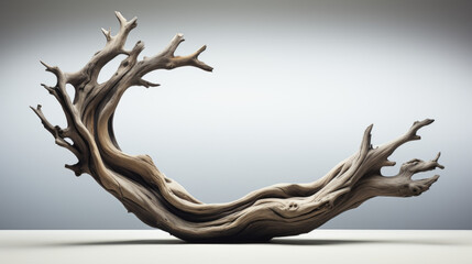 A large piece of driftwood is curled up and twisted, creating a unique