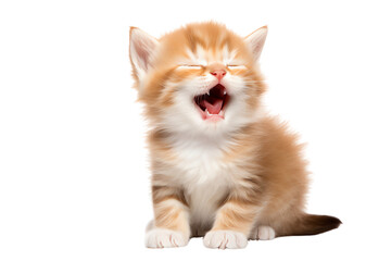 Cute orange kitten with big eyes and a pink nose is sitting with its mouth wide open and looking at the camera.