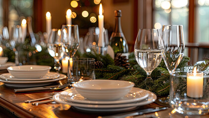 A rustic wooden table set for an elegant dinner, adorned with greenery and candles. Created with Ai