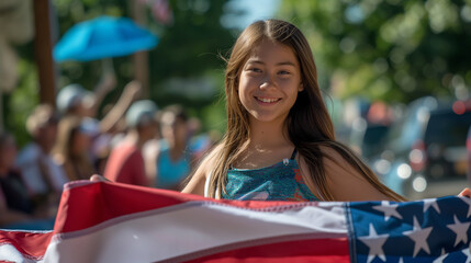 a heartfelt tribute to her country, a woman holds the USA flag aloft, her expression one of unwavering pride and admiration. Surrounded by friends and family