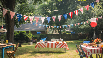 In a festive backyard setting a lively 4th of July bash, their DIY celebration brimming with creativity and camaraderie. Colorful decorations adorn the space