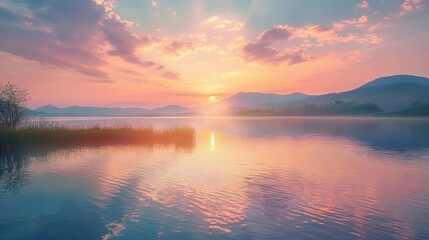 Fototapeta premium golden rays of the morning sun illuminating the tranquil waters of a calm lake