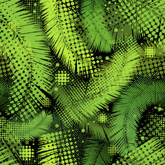 Palm leaves seamless pattern on black background. hand drawing. Not AI. Vector illustration