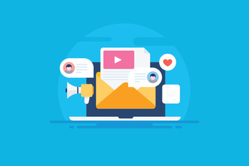 Video email message digital marketing technology reaching out and engage audience with newsletter promotion conceptual vector illustration.