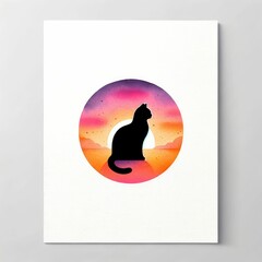 Cat silhouette clipart against a colorful sunset background. watercolor illustration, Perfect for nursery art, simple clipart, single object, white color background.