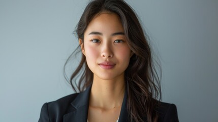 Naklejka premium Asian woman in professional attire against a simple white background, capturing her natural beauty and confidence.