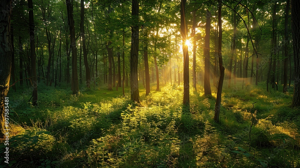 Poster sunlight filters through the trees in a misty autumn forest
