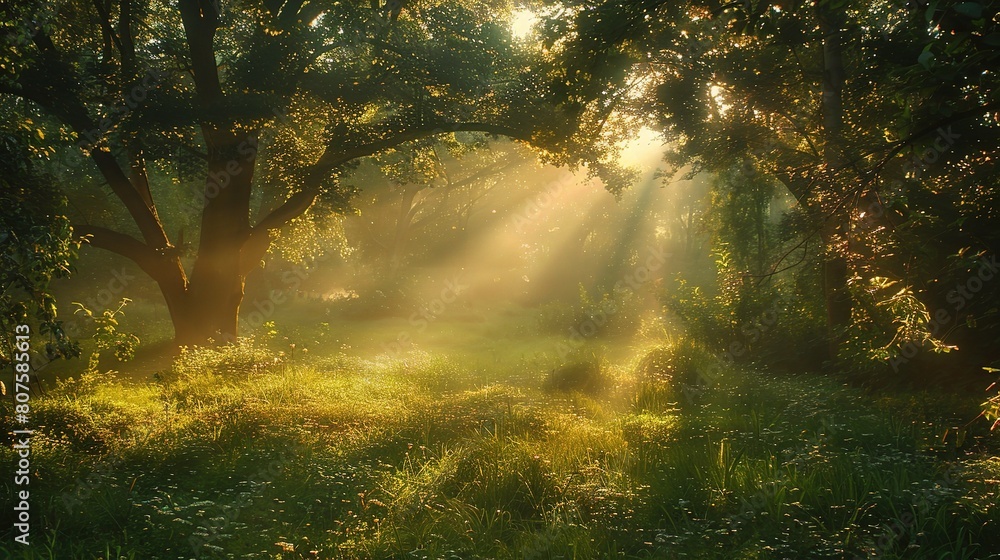 Poster sunlight filters through the trees in a misty autumn forest