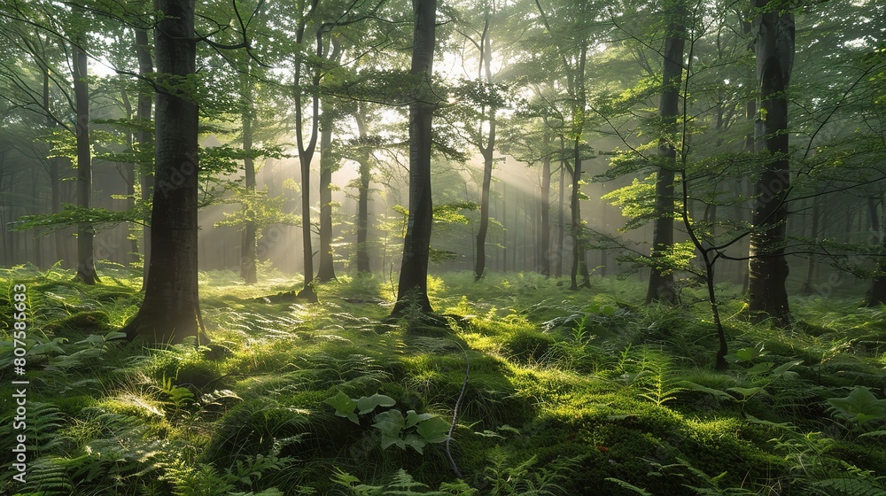 Poster sunlight filters through the trees in a misty autumn forest