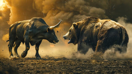 Two bears are fighting in a field