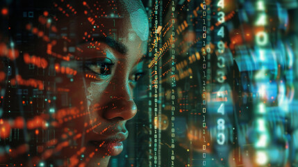 A woman's face is shown in a computer screen with a lot of numbers and lines