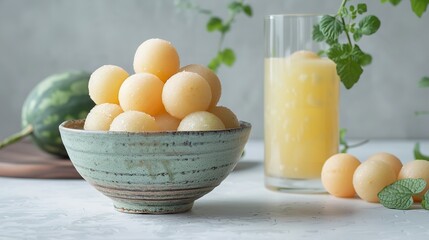 A pale white setting with strewn melon balls and a dish of them, juxtaposed with a smoothie glass embellished with lovely minty foliages and space, Generative AI.