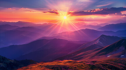 The sun is setting over a mountain range, casting a warm glow over the landscape - Powered by Adobe