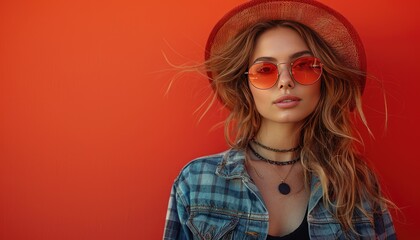 Fototapeta premium Fashionable Young Woman in Sunglasses and Hat Against Orange Background