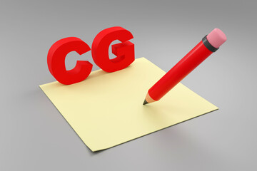 Vibrant 3D Illustration Featuring Bold CG Letters Beside yellow notepad with pencil