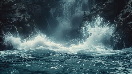flow of ocean waves crashing against rocky cliffs