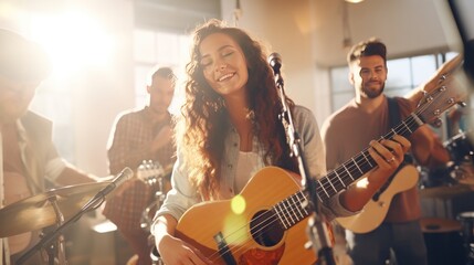 Obraz premium A group of diverse musicians playing upbeat music in a vibrant studio setting, 