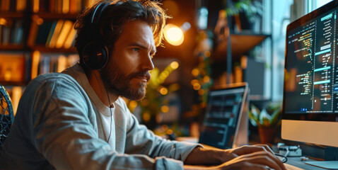 Obraz premium Serious programmer sitting at his workplace and working on the computer. Generative AI.