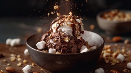 Rocky road ice cream melting, with marshmallows and nuts, against a dark chocolatey background...
