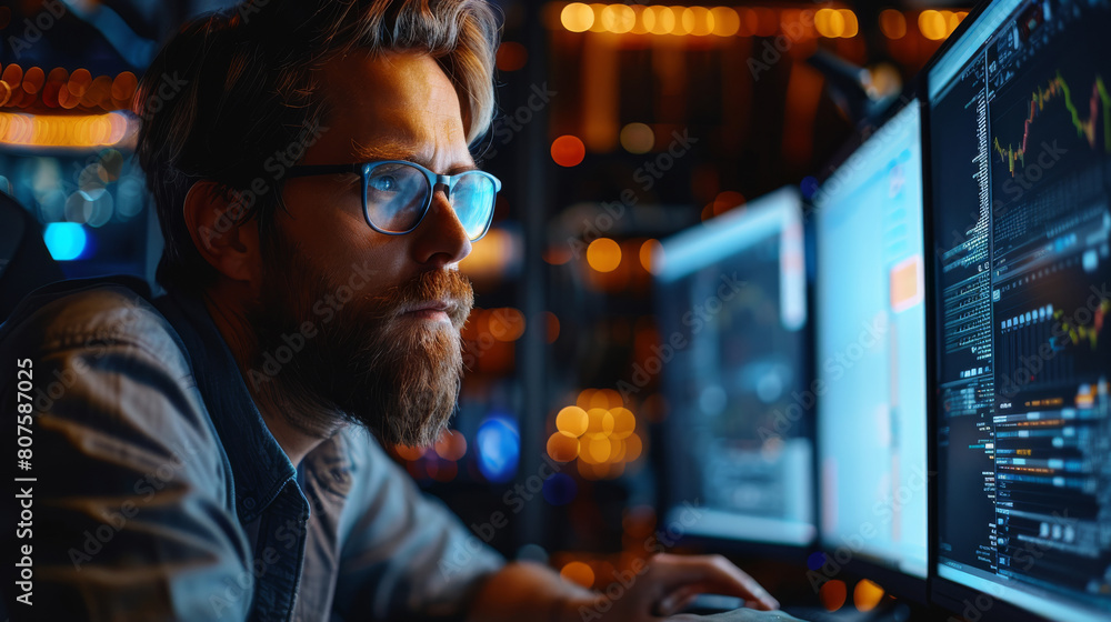 Poster Serious programmer sitting at his workplace and working on the computer. Generative AI.