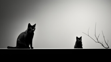 Two black cats sit on a ledge next to a branch - Powered by Adobe