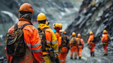 Safety Measures, Mining personnel in safety gear during a safety briefing or training session, emphasizing the importance of worker safety.