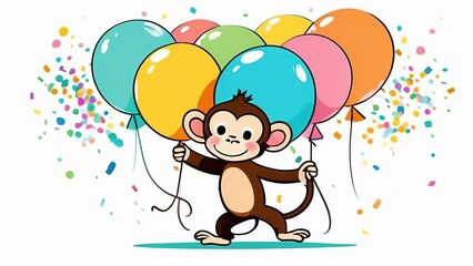 Funny cartoon monkey with balloons and confetti on a white background. A colorful card for a birthday or other festive event. Watercolor birthday card with a monkey.