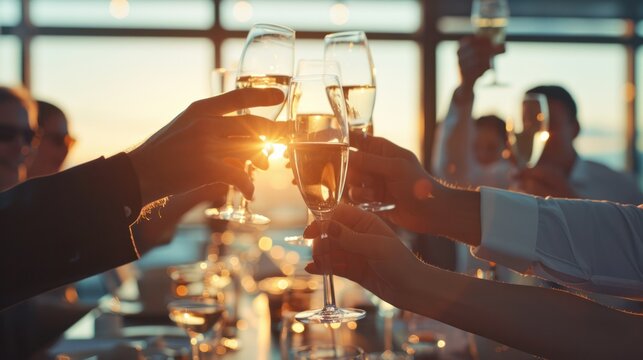 businessperson celebrating a successful project with their team by raising their glasses in a toast. The scene captures the camaraderie and shared achievement that come from teamwork. 