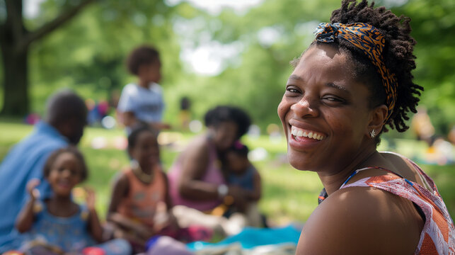 
In a sun-drenched park, African American families and friends come together for a Juneteenth Freedom Day picnic, laughter and music filling the air