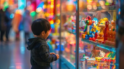 child gazing in wonder at the colorful displays in a toy store, their imagination ignited by the endless possibilities. 