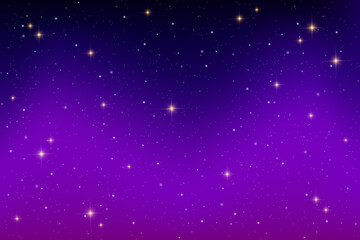 Starry night sky. Dark blue vector space. Black and purple galaxy with cosmic light of planets. Shiny astrology constellations with sparkles. Winter fantasy gradient backdrop. Milky way wallpaper.