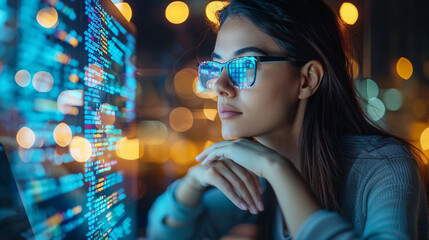 potrait of progammer woman looking her code in monitor