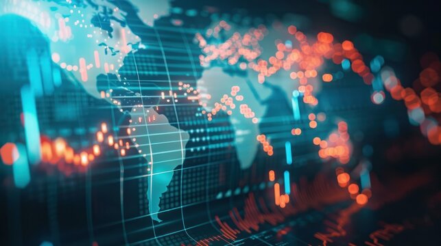 global stock market chart intertwined with a world map, highlighting the interconnectedness of global economies.  