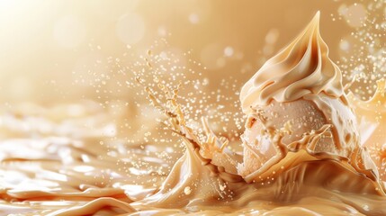Salted caramel ice cream melting beautifully, its caramel swirls glistening against a pastel caramel background
