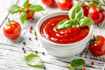 a bowl of ketchup with basil leaves and tomatoes