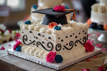 An exquisite graduation cake with a meticulously formed cap that sits as the forefront of your party, set over the setting of a sleek kitchen table and space, Generative AI.