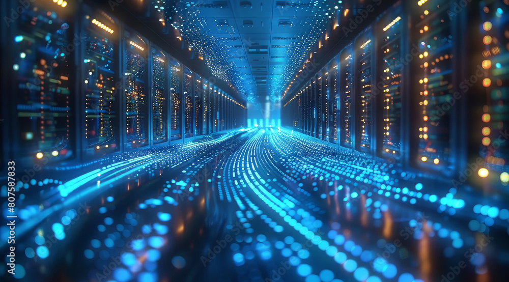 Aufkleber a futuristic data center with glowing energy waves emanating from the computers, symbolizing advance
