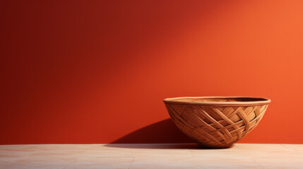 Obraz premium A wooden bowl is sitting on a floor in front of a red wall