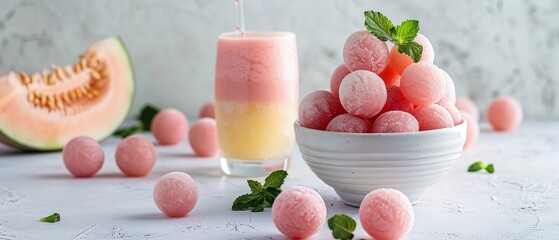 A pale white setting with strewn melon balls and a dish of them, juxtaposed with a smoothie glass embellished with lovely minty foliages and space, Generative AI.