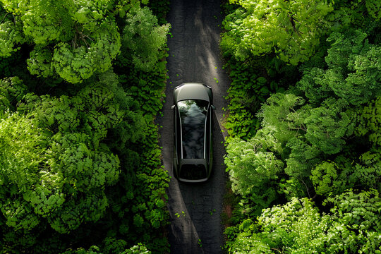 EV car, Electric energy battery charge vehicle with earth care sustainable development concept. Aerial view of modern futuristic ev car on a narrow road through green tree forest with warm sunlight. - Powered by Adobe