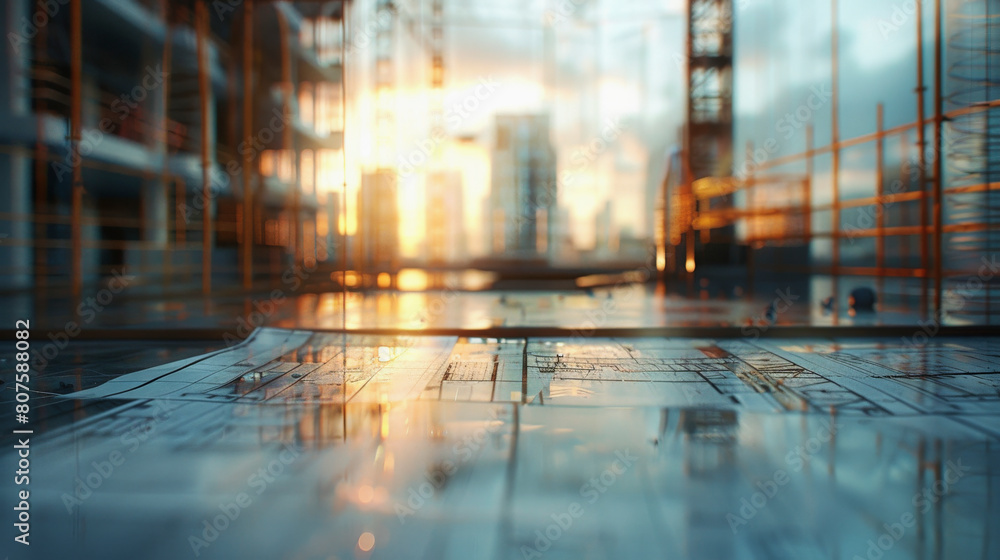 Poster architectural blueprints on a reflective surface at a construction site with scaffolding and urban s