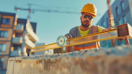   construction worker checking the level of a surface with a spirit level, the bubble perfectly centered, 