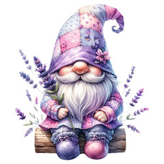 A cute cartoon gnome with a purple hat and pink shoes is sitting on a log surrounded by lavender flowers.