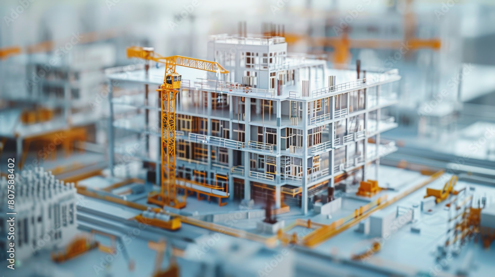 Poster a miniature scale model of a construction site with detailed scaffolding, cranes, and partially comp