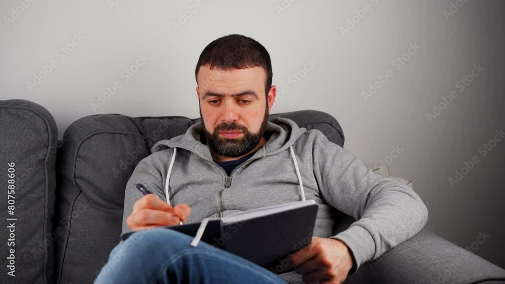 Aufkleber man writing on notebook while sitting on the sofa. - close up shot